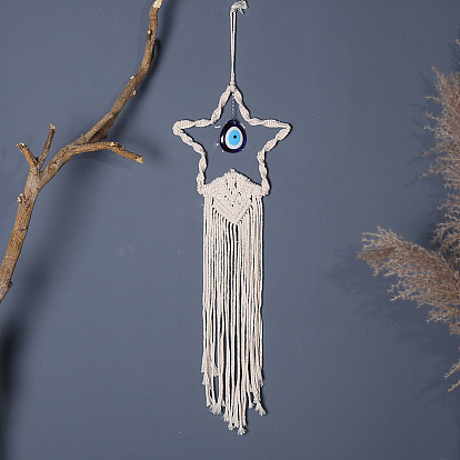 Bohemian Handmade Cotton Cord Macrame Woven Tapestry Wall Hanging Ornaments, Resin Evil Eye Charm for Bedroom Living Room Decoration