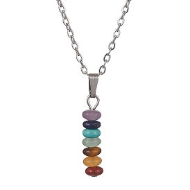 Natural & Synthetic Mixed Gemstone Disc Pendant Necklaces, with Stainless Steel Chains