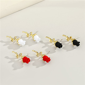 Vintage Rose Flower Earrings with Rhinestones - Elegant and Versatile Long Studs in Three Colors