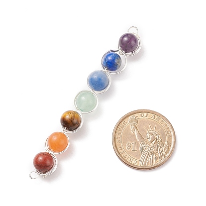 7Pcs Round Natural Gemstones Copper Wire Wrapped Connector Charms, Natural Red Jasper & Red Aventurine & Tiger Eye & Green Aventurine & Blue Aventurine  & Blue Tiger Eye & Amethyst
