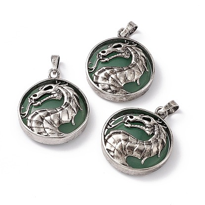 Gemstone Pendants, Flat Round Charms with Rack Plating Antique Silver Tone Brass Dragon, Cadmium Free & Lead Free