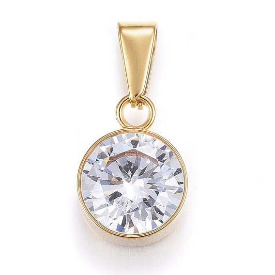 Cubic Zirconia Charms, with 201 Stainless Steel Findings, Flat Round, Clear