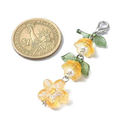 Transparent Acrylic & Glass Flower Pendant Decoration, with Zinc Alloy Lobster Claw Clasps