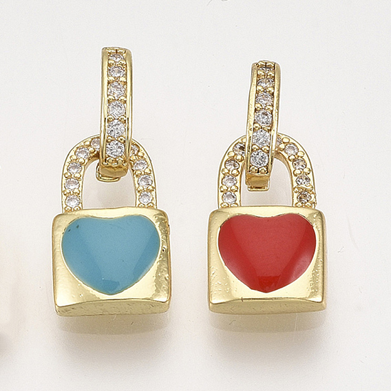 Brass Micro Pave Cubic Zirconia Charms, with Enamel, Padlock with Heart, Golden