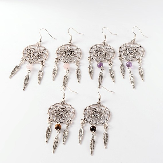 Alloy Dangle Earrings, with Gemstone Beads, 89mm, Pin: 0.6mm