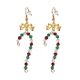 Glass Christmas Candy Cane with Alloy Bowknot Dangle Earrings, Gold Plated Brass Jewelry for Women