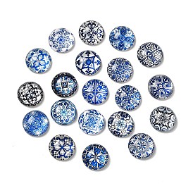 Glass Cabochons, Half Round/Dome with Flower Pattern