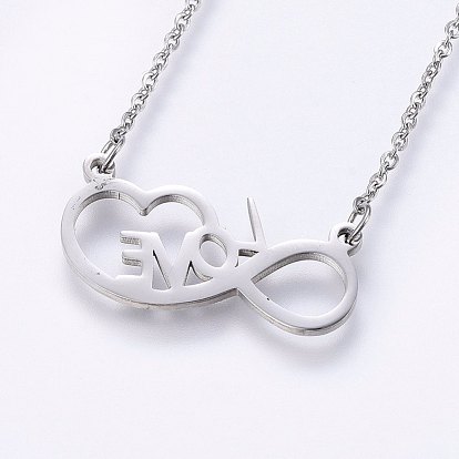 304 Stainless Steel Jewelry Sets, Stud Earrings and Pendant Necklaces, Infinity with Word Love