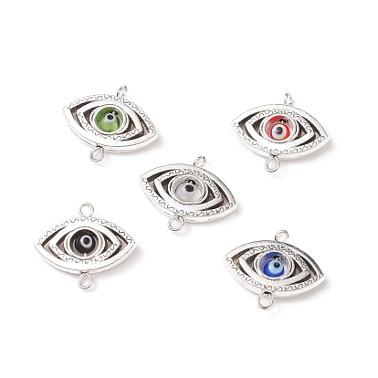 Handmade Evil Eye Lampwork Round Bead Connector Charm, with Tibetan Style Alloy and Iron Findings, Antique Silver & Platinum