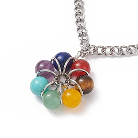 Natural & Synthetic Mixed Gemstone Beaded Flower Pendant Necklace, 304 Stainless Steel Jewelry for Women