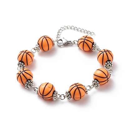Sport Ball Theme Acrylic Round Beaded Bracelet, 304 Stainless Steel Jewelry for Men Women, Platinum