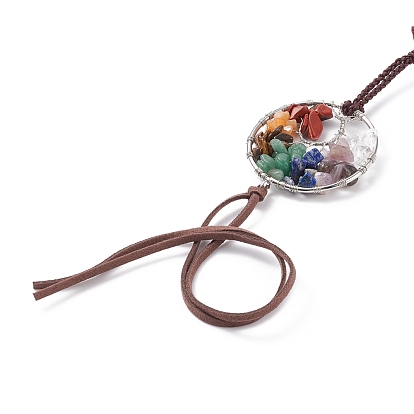 Chakra Natural Mixed Gemstone Woven Pendant Decorations, with Brass Linking Rings & Faux Suede Cord, Tree of Life