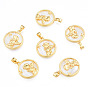 Natural Freshwater Shell Pendants, with Real 18K Gold Plated Brass Findings, Nickel Free, Flat Round Charm with Angel
