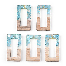 Transparent Resin & White Wood Pendants, Hollow Rectangle Charms with Paillettes