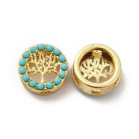 Alloy Slide Charms, with Synthetic Turquoise, Flat Round with Tree of Life