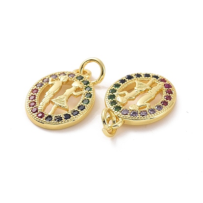 Brass Micro Pave Cubic Zirconia Pendants, with Jump Ring, Real 18K Gold Plated, Oval with Couple Charms