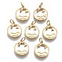 Brass Micro Pave Clear Cubic Zirconia Pendants, with Shell, with Fish Charms, Flat Round, Nickel Free