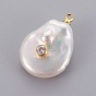 Natural Cultured Freshwater Pearl Pendants, with Brass Micro Pave Cubic Zirconia Findings, Nuggets, Clear