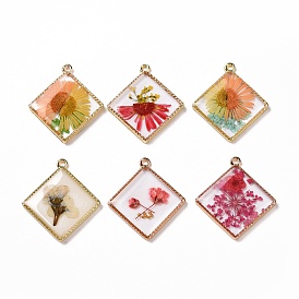Transparent Clear Epoxy Resin Pendants, with Edge Golden Plated Alloy Loops, Rhombus Charms with Inner Flower