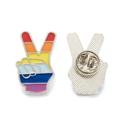 Alloy Enamel Brooches, Enamel Pin with Butterfly Clutches, Rainbow Yeah Victory Sign Gesture, Peace Hand Sign, Platinum