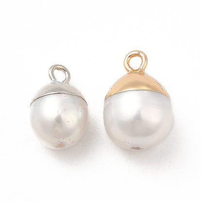 Natural Pearl Pendants, Oval Charms, with Brass Loops, White