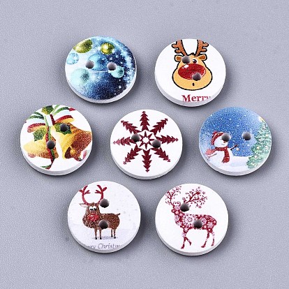 2-Hole Printed Natural Wood Buttons, Christmas Theme, Flat Round