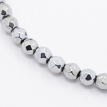 Grade A Electroplate Magnetic Synthetic Hematite Round Beads Strands, Faceted, 3x3mm, Hole: 1mm, about 128pcs/strand, 15.7 inch