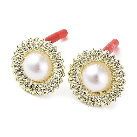 Rack Plating Alloy Flower Stud Earrings with ABS Pearl Beaded and 304 Stainless Steel Pin, Cadmium Free & Nickel Free & Lead Free