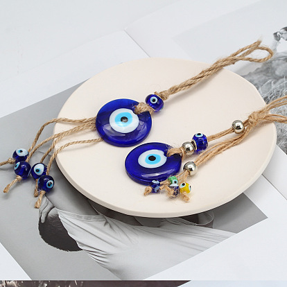 Flat Round Turkish Evil Eye Lucky Blue Eye Pendant Decorations, with Hemp Rope, for Men Women Car Key