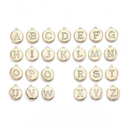 Brass Micro Pave Clear Cubic Zirconia Charms, Nickel Free, Real 18K Gold Plated, Flat Round