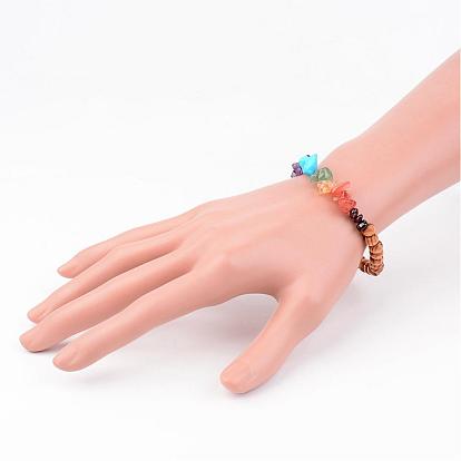 Chakra Wood Beaded Stretch Bracelets, with Natural Gemstone Beads
