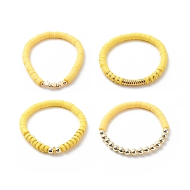 4Pcs 4 Color Handmade Polymer Clay Disc Surfer Bracelets Set, Brass Crown Beaded Preppy Bracelets for Women