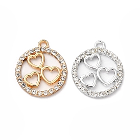 Rack Plating Alloy Crystal Rhinestone Pendants, Ring with Heart Charms
