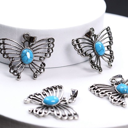 Synthetic Turquoise Pendants, Butterfly Charms with Platinum Plated Metal Findings