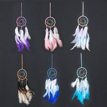 Synthetic & Natural Mixed Stone Pendant Decorations, with Cotton Thread, Woven Net/Web with Feather