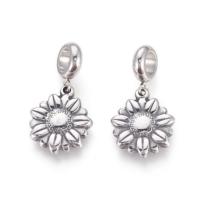 304 Stainless Steel European Dangle Charms, Large Hole Pendants, Daisy