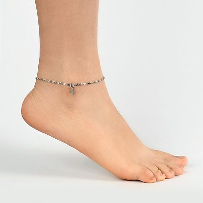 Cross Stainless Steel Pendant Anklets, with Lobster Clasps and End Chains, 230x2mm