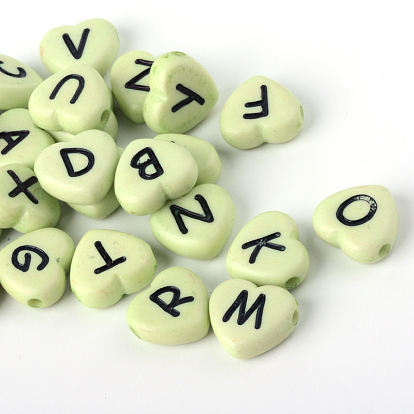 Horizontal Hole Opaque Acrylic Beads, Heart with Random Letters, 10.5x11.5x4.5mm, Hole: 2mm, about 1200pcs/500g