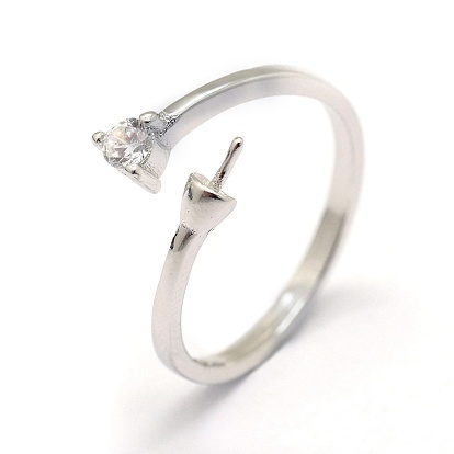 925 Sterling Silver Finger Ring Components, For Half Drilled Beads, with Cubic Zirconia