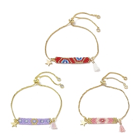 Bracelet coulissant à breloques japonaises faites à la main rectangle et étoile et pompon, or 304 bijoux en acier inoxydable pour femmes