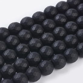 Synthétiques pierre noire brins de perles, teint, facette, givré, ronde