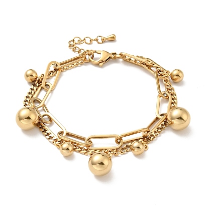 Bracelet multirangs charm boule ronde, placage sous vide 304 bracelet à chaînes double couche en acier inoxydable pour femme