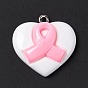 Pendentifs acryliques, avec boucle en fer couleur platine, coeur avec breloque ruban de sensibilisation au cancer du sein