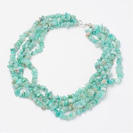 Natural Gemstone Multi-strand Necklaces, with Metal Alloy Bar & Ring Toggle Clasps, Silver Color Plated