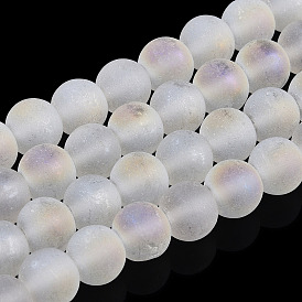 Brins de perles de verre dépoli transparent, de couleur plaquée ab , ronde