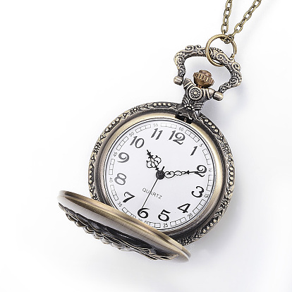 Carved Alloy Flat Round Pendant Necklace Quartz Pocket Watch, with Iron Chains and Lobster Claw Clasps