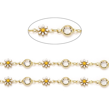 Handmade Brass Link Chains, with Clear Glass Rhinestone and Enamel, Spool, Long-Lasting Plated, Soldered, Daisy