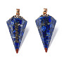Natural Gemstone Chip Pendants, Cone Charm, with Resin and Light Gold Plated Brass Findings