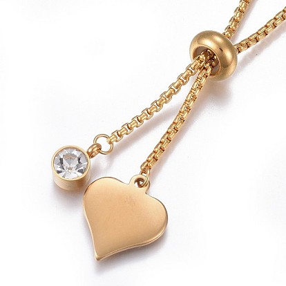 304 Stainless Steel Pendant Necklaces, with Box Chain, Rhinestone and Lobster Claw Clasps, Heart