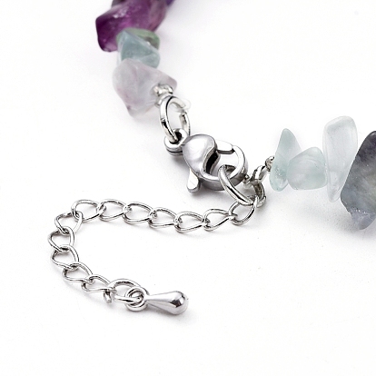 Natural Fluorite Chip Beaded Bracelets, with Platinum Plated Brass Chain Extender and 304 Stainless Steel Lobster Claw Clasps